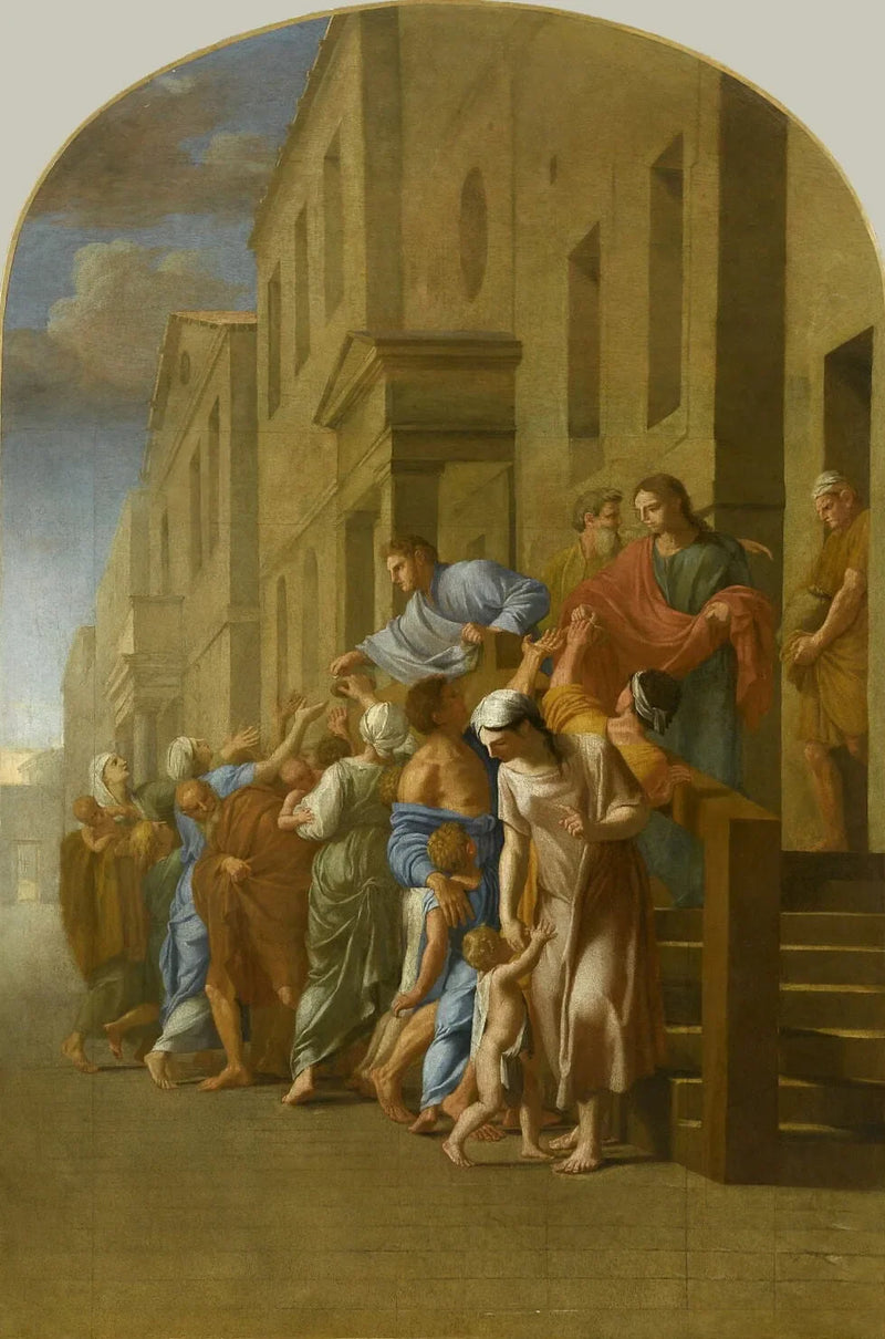 San Bruno y sus compañeros, antes de partir hacia Grenoble, distribuyen todas sus pertenencias a los pobres - Eustache Le Sueur