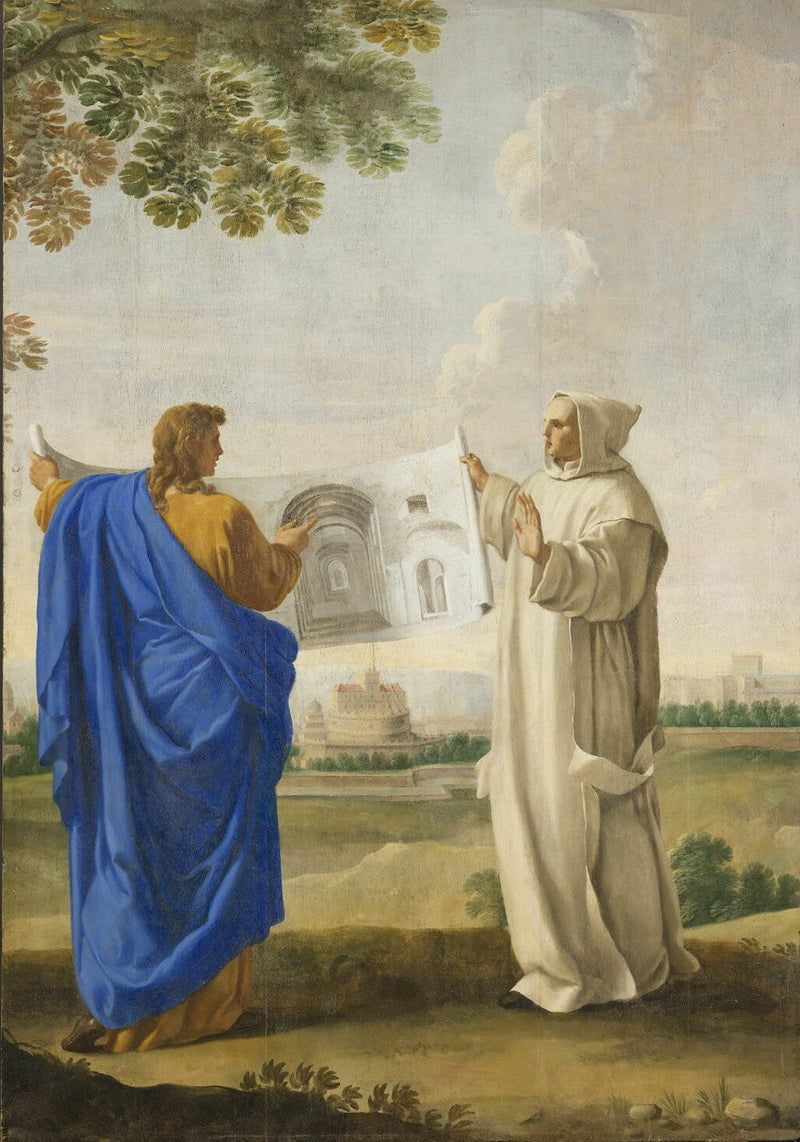 San Bruno examina un dibujo de los baños de Diocleciano, ubicación del futuro monasterio de Roma - Eustache Le Sueur