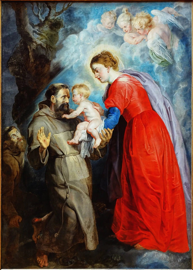 San Francisco recibiendo al niño Jesús de manos de la Virgen - Peter Paul Rubens