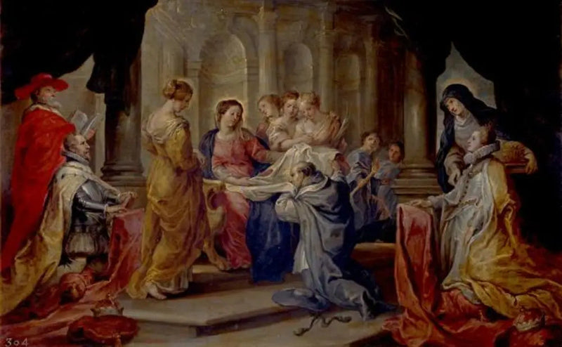 San Ildefonso recibiendo la casulla de la Virgen, en presencia del archiduque Alberto y de la infanta Isabel - Peter Paul Rubens