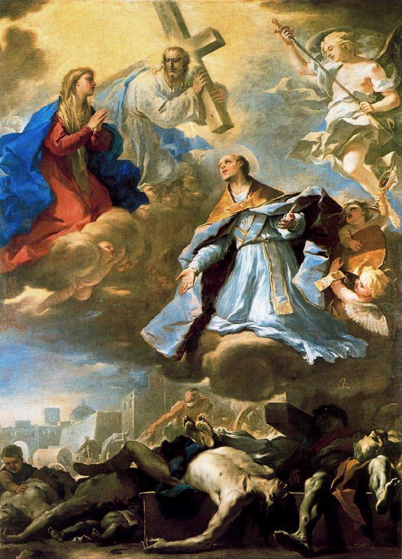 San Juan Bautista intercede ante la Virgen, Cristo y el Padre Eterno por la peste. - Luca Giordano