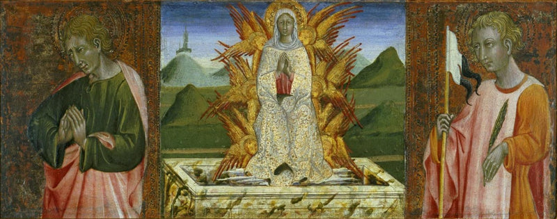 San Juan Evangelista, la Asunción de la Virgen y San Ansano - Giovanni di Paolo