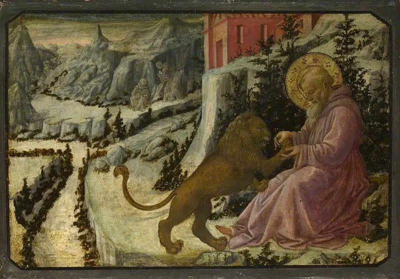 San Jerónimo y el León: Panel de predela - Fra Filippo Lippi