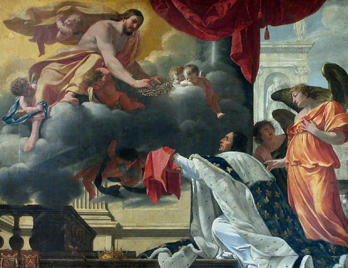 San Luis recibiendo la corona de espinas de las manos de Cristo que se le aparece - Simon Vouet