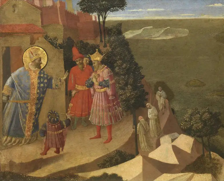 San Romualdo prohíbe la entrada del convento al emperador Otón III, extracto de un panel recortado que representa escenas de la Tebaida - Fra Angelico