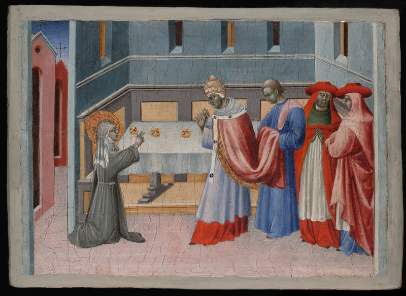 Santa Clara de Asís bendiciendo el pan frente al Papa Inocencio IV - Giovanni di Paolo