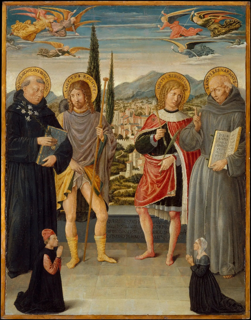 Santos Nicolás de Tolentino, Roch, Sebastián y Bernardino de Siena, con donantes de rodillas - Benozzo Gozzoli