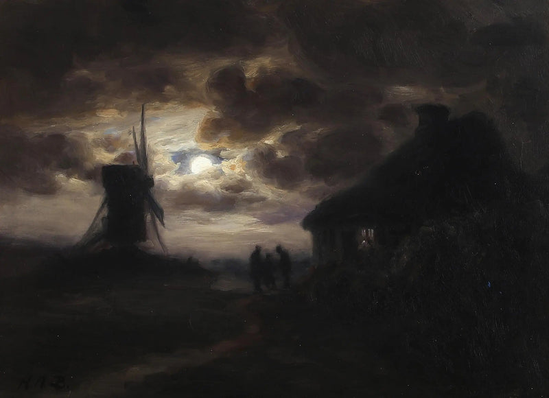 Escena a la luz de la luna con un molino. - H. A. Brendekilde