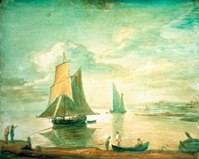 Escena costera con barcos de vela y remos y personajes en la orilla - Thomas Gainsborough