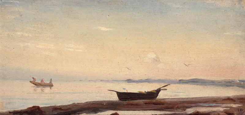 Escena costera de Skagen con un pequeño barco en la playa. - Michael Peter Ancher
