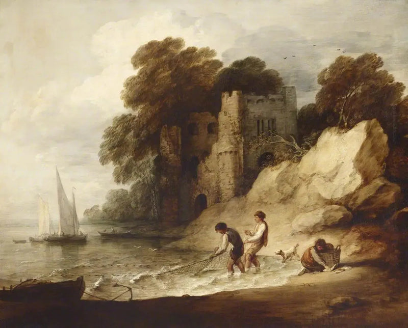 Escena costera rocosa con castillo en ruina, barcos y pescadores - Thomas Gainsborough