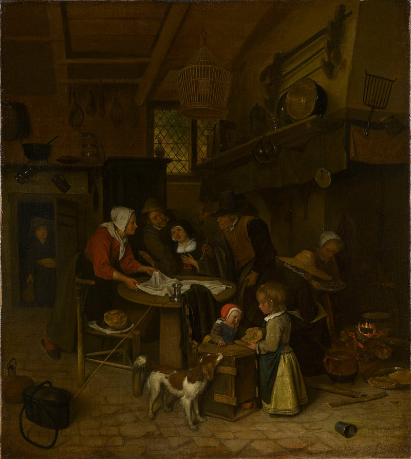 Scène dans une cuisine paysanne avec un serviteur étendant le linge - Jan Steen