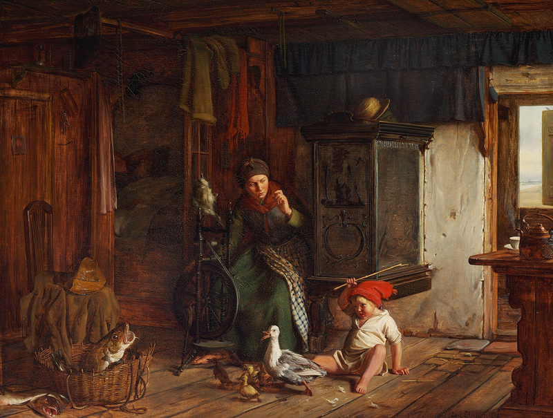 Escena en una casa de pescador. Un niño ataca a un pato. Papá necesita dormir. - Carl Heinrich Bloch