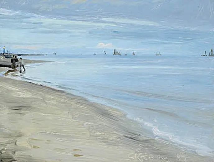 Escena de playa en Skagen. Pescadores en un barco. El faro está iluminado. - Peder Severin Krøyer