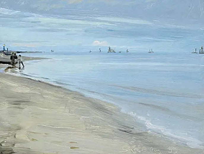 Escena de playa en Skagen. Pescadores en un barco. El faro está iluminado. - Peder Severin Krøyer