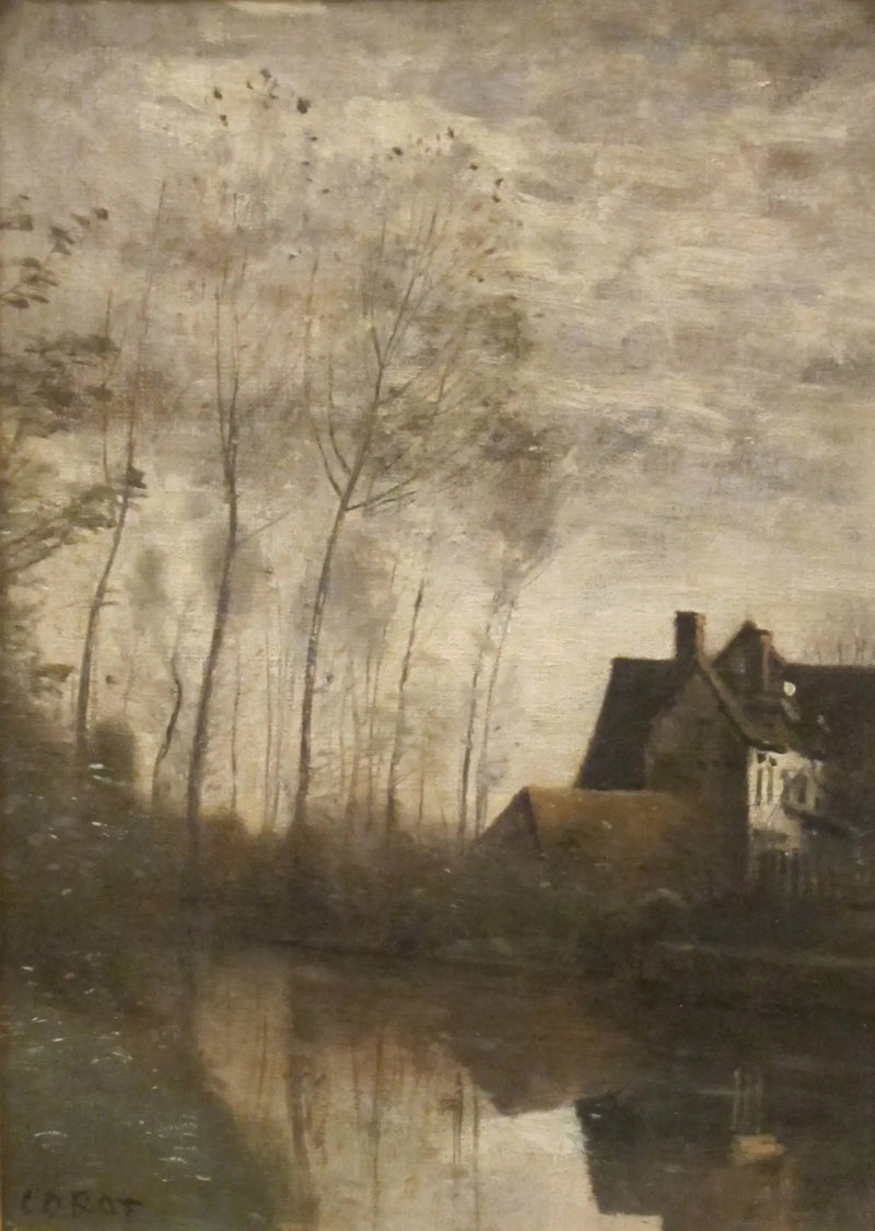 Escena de río con casas y álamos - Jean-Baptiste Camille Corot