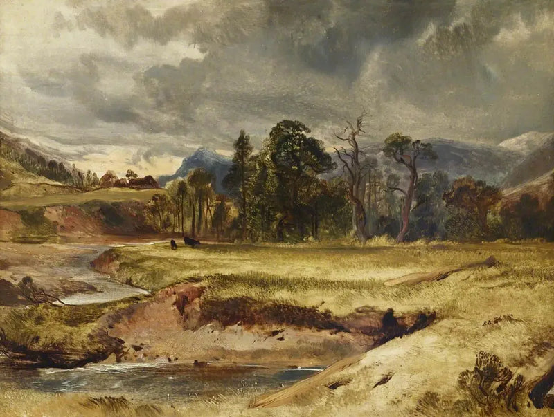 Escena de río escocés con ganado en un prado - Edwin Henry Landseer