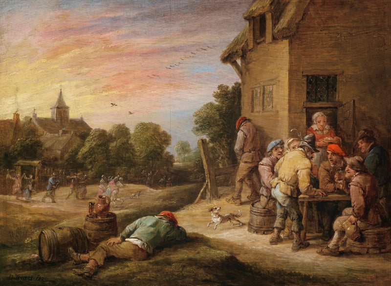 Escena de pueblo con campesinos celebrando frente a una posada - David Teniers el Joven