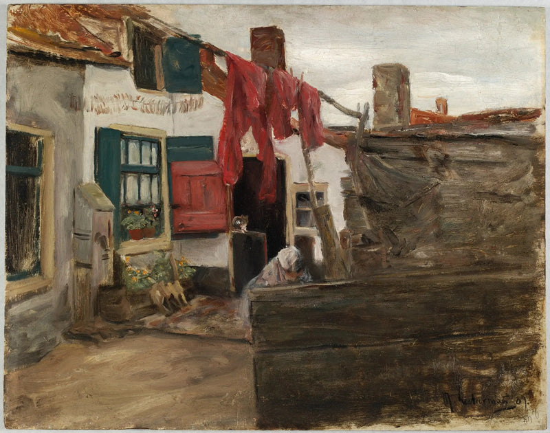 Escena de un pueblo holandés con ropa colgada - Max Liebermann