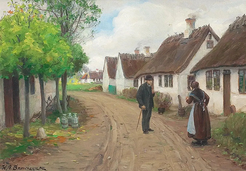 Escena de pueblo de Jyllinge con personas que hablan. - H. A. Brendekilde