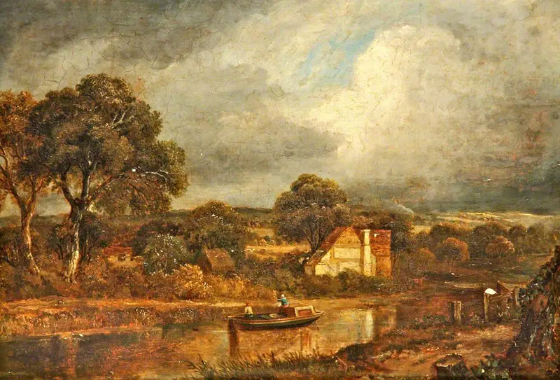Escena fluvial con una barcaza y cabañas - John Constable