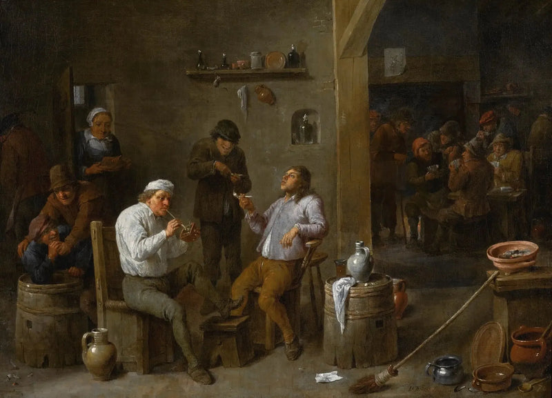 Escena interior de taberna con campesinos bebiendo y fumando - David Teniers el Joven