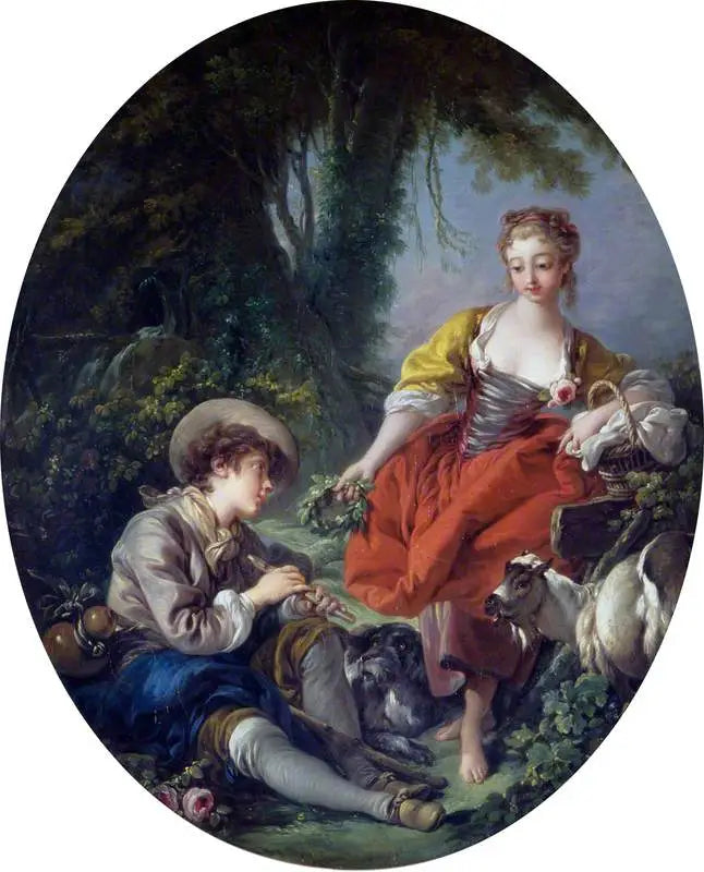 Escena pastoral: pastor con una pipa y una niña - François Boucher