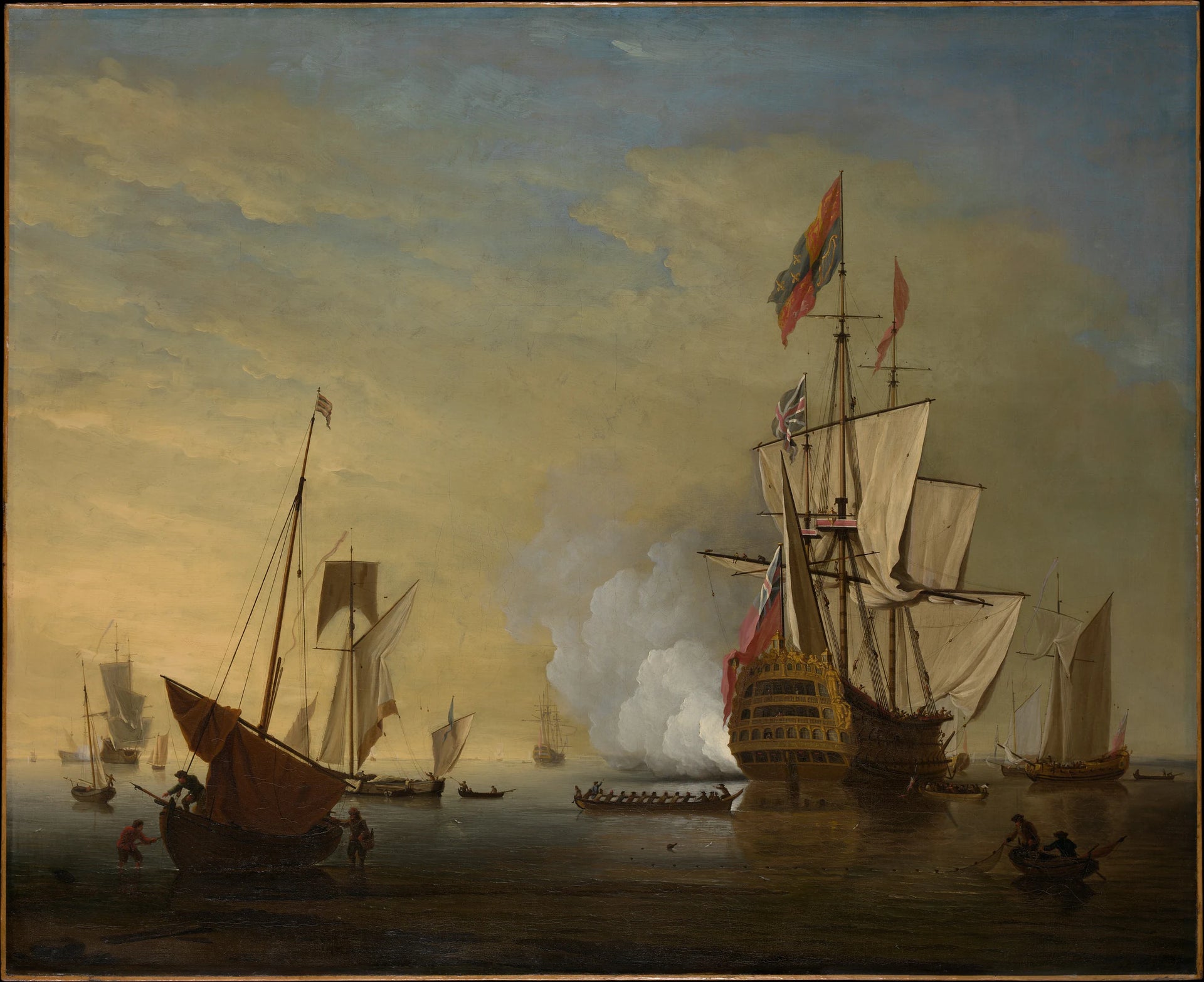 Scène de port : un navire anglais avec des voiles desserrées tirant un pistolet - Peter Monamy