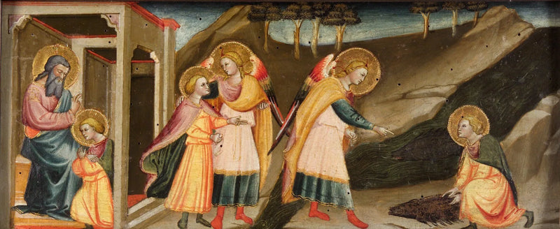 Escenas de Tobías (Tobías se despide de su padre; Las peregrinaciones de Tobías y del arcángel Rafael; Tobías tomando el corazón, la palanca y la espina del pez) - Bicci di Lorenzo