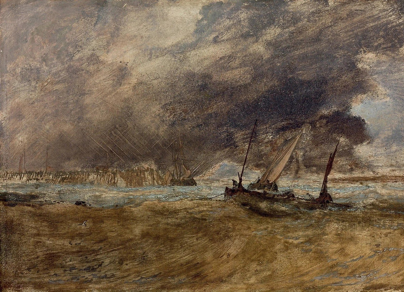 Paisaje marino con barcos de pesca frente a un muelle de madera, una tormenta acercándose - J. M. W. Turner