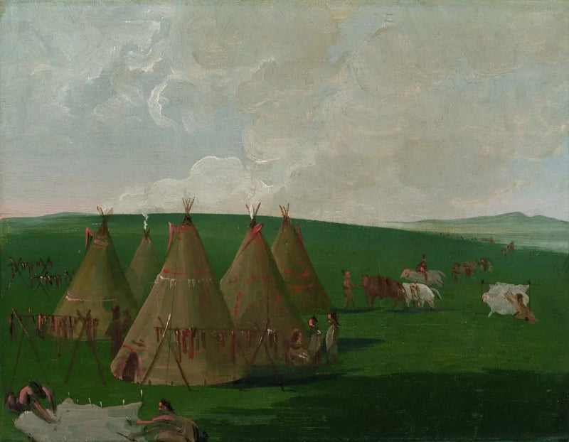 Sioux acampando en el Alto Misisipi, preparando carne de bisonte y vestidos - George Catlin