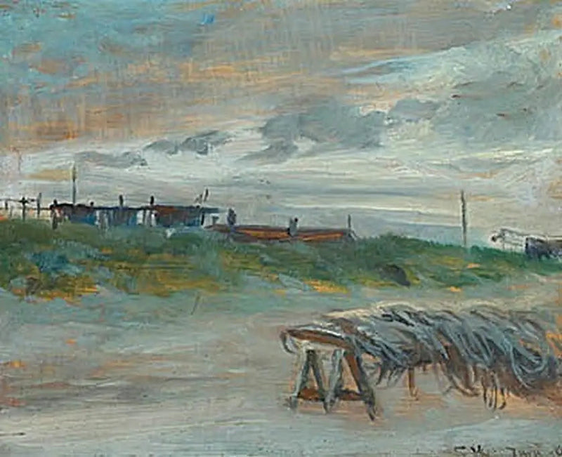Sønderstrand de Skagen en una noche de junio, con tiempo nublado. Redes de pesca al frente. - Peder Severin Krøyer