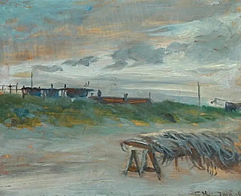 Sønderstrand de Skagen en una noche de junio, con tiempo nublado. Redes de pesca al frente. - Peder Severin Krøyer