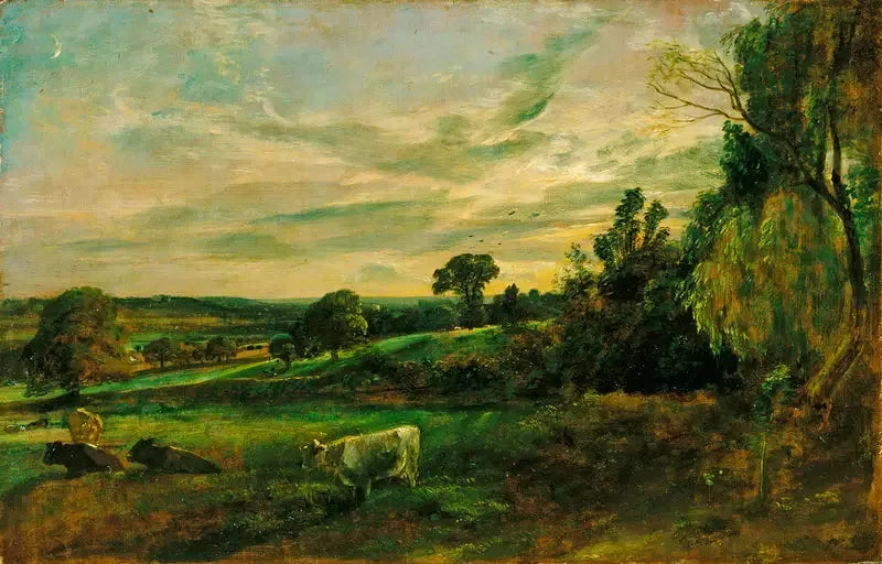 Noche de verano: vista cerca de East Bergholt que muestra la iglesia de Langham, la iglesia de Stratford y la iglesia de Stoke-by-Nayland - John Constable