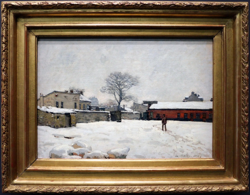 Bajo la nieve: patio de granja en Marly-le-Roi - Alfred Sisley