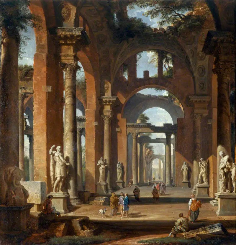 Estatuas en un arco en ruinas - Giovanni Paolo Panini