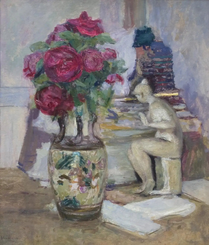 Estatuilla de Maillol y rosas rojas - Édouard Vuillard