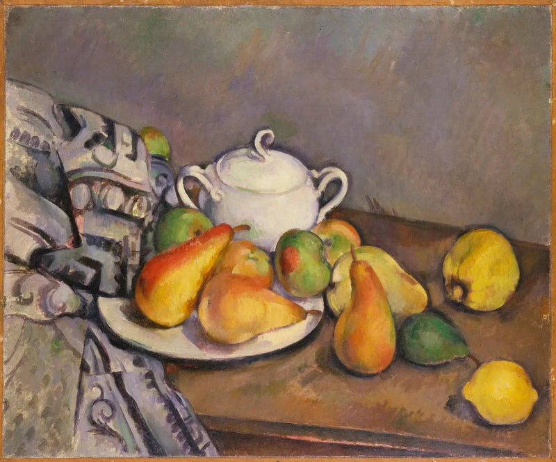 Azucarero, peras y alfombra - Paul Cézanne
