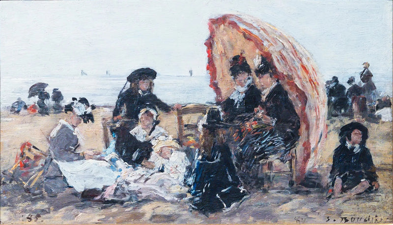 En la playa de Trouville, a la sombra del paraguas rojo - Eugène Boudin