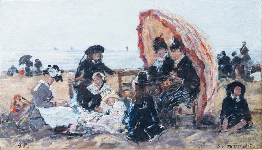 En la playa de Trouville, a la sombra del paraguas rojo - Eugène Boudin