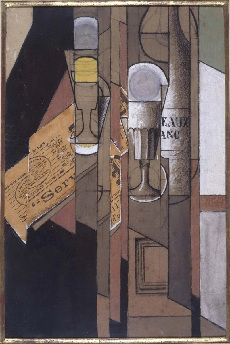 Tazas, cuaderno y botella de vino - Juan Gris