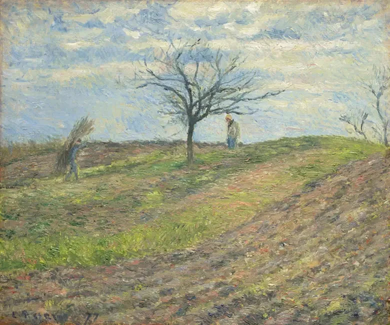 Tierra labrada en invierno, con un hombre llevando un pedazo - Camille Pissarro