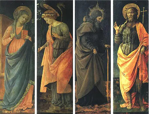 La Anunciación, Santos Antonio Abad, Juan el Bautista - Fra Filippo Lippi