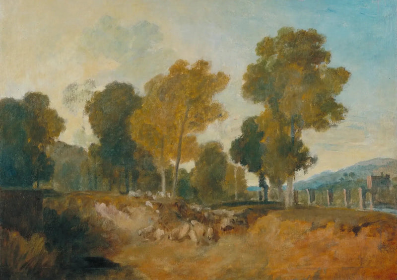 Árboles junto al río, con puente a media distancia - J. M. W. Turner