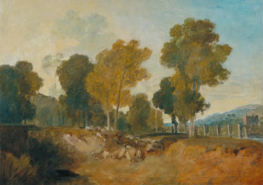 Árboles junto al río, con puente a media distancia - J. M. W. Turner