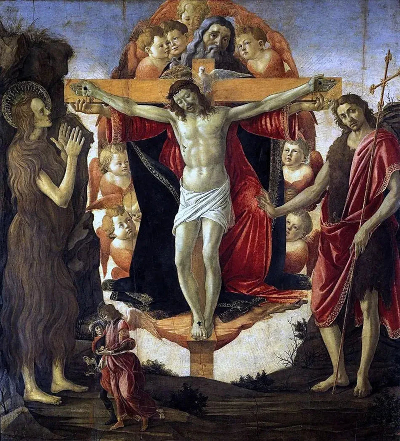 La Trinidad con Santa María Magdalena y San Juan Bautista, el arcángel Rafael y Tobías - Sandro Botticelli