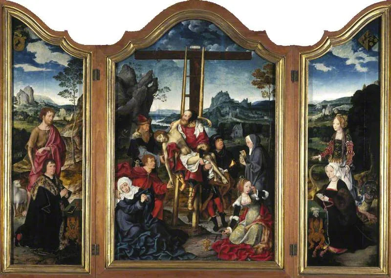 Triptyque. Au centre : la Déposition de Croix ; à gauche : saint Jean-Baptiste avec un donateur ; à droite : sainte Marguerite d'Antioche avec une donatrice. - Joos van Cleve image 1 tableau peint à l’huile sur toile