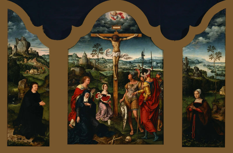 Tríptico: La Crucifixión flanqueada por el donante de rodillas y su esposa - Joos van Cleve