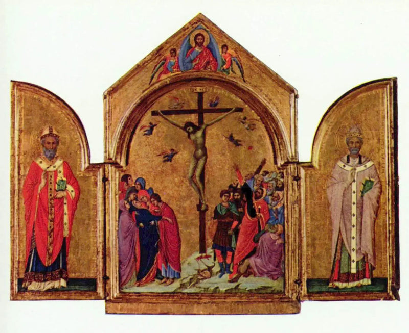 Tríptico: La Crucifixión; El Redentor con los ángeles; San Nicolás; San Gregorio - Duccio di Buoninsegna