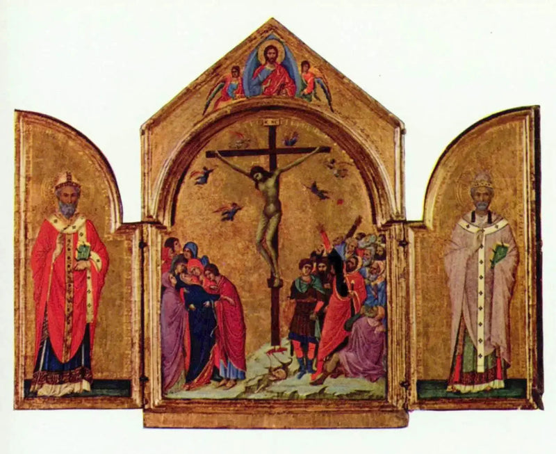 Tríptico: La Crucifixión; El Redentor con los ángeles; San Nicolás; San Gregorio - Duccio di Buoninsegna